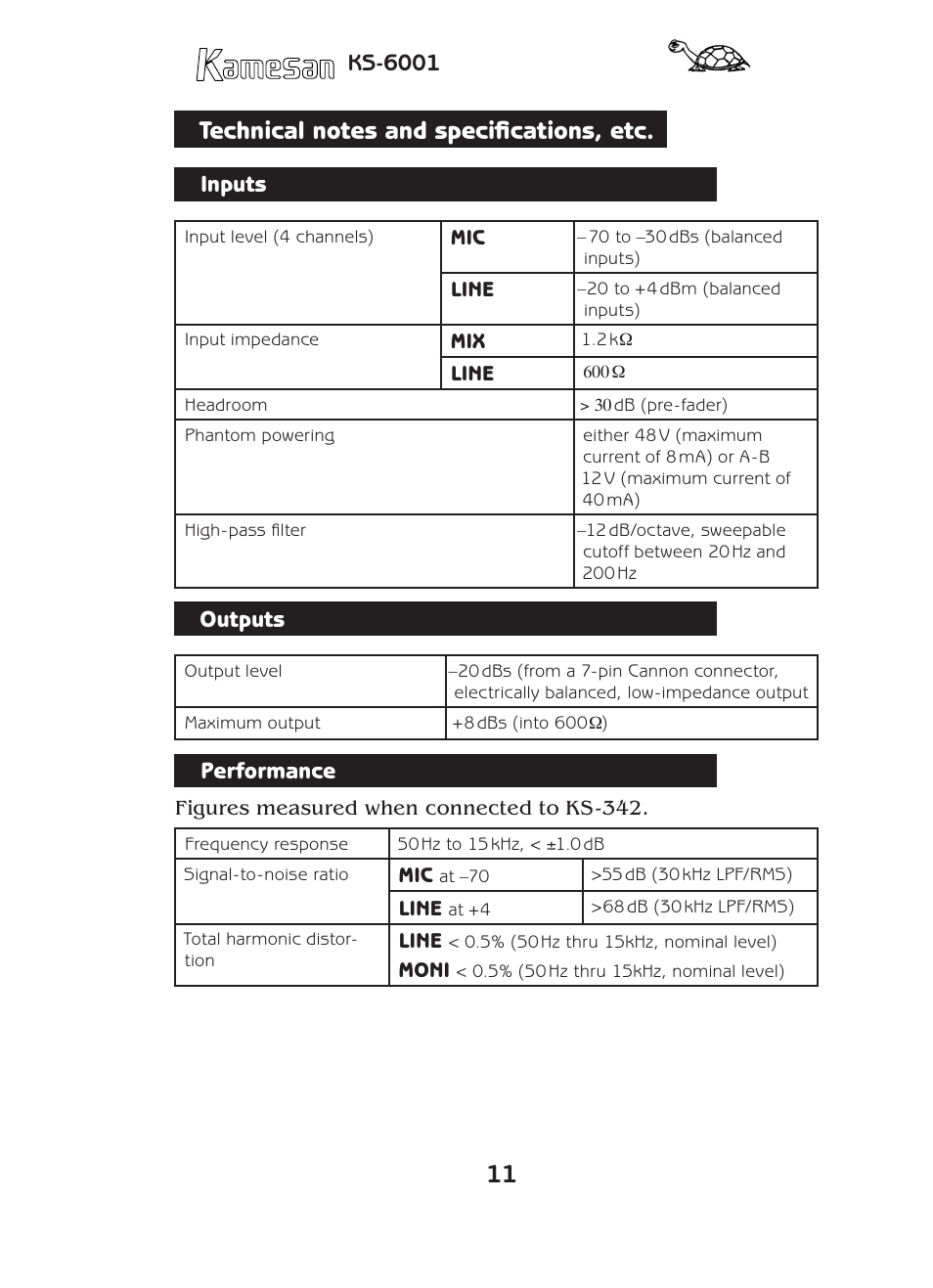 Ks-6001, Inputs, Outputs | Performance | Teac KS-6001 User Manual | Page 11 / 16