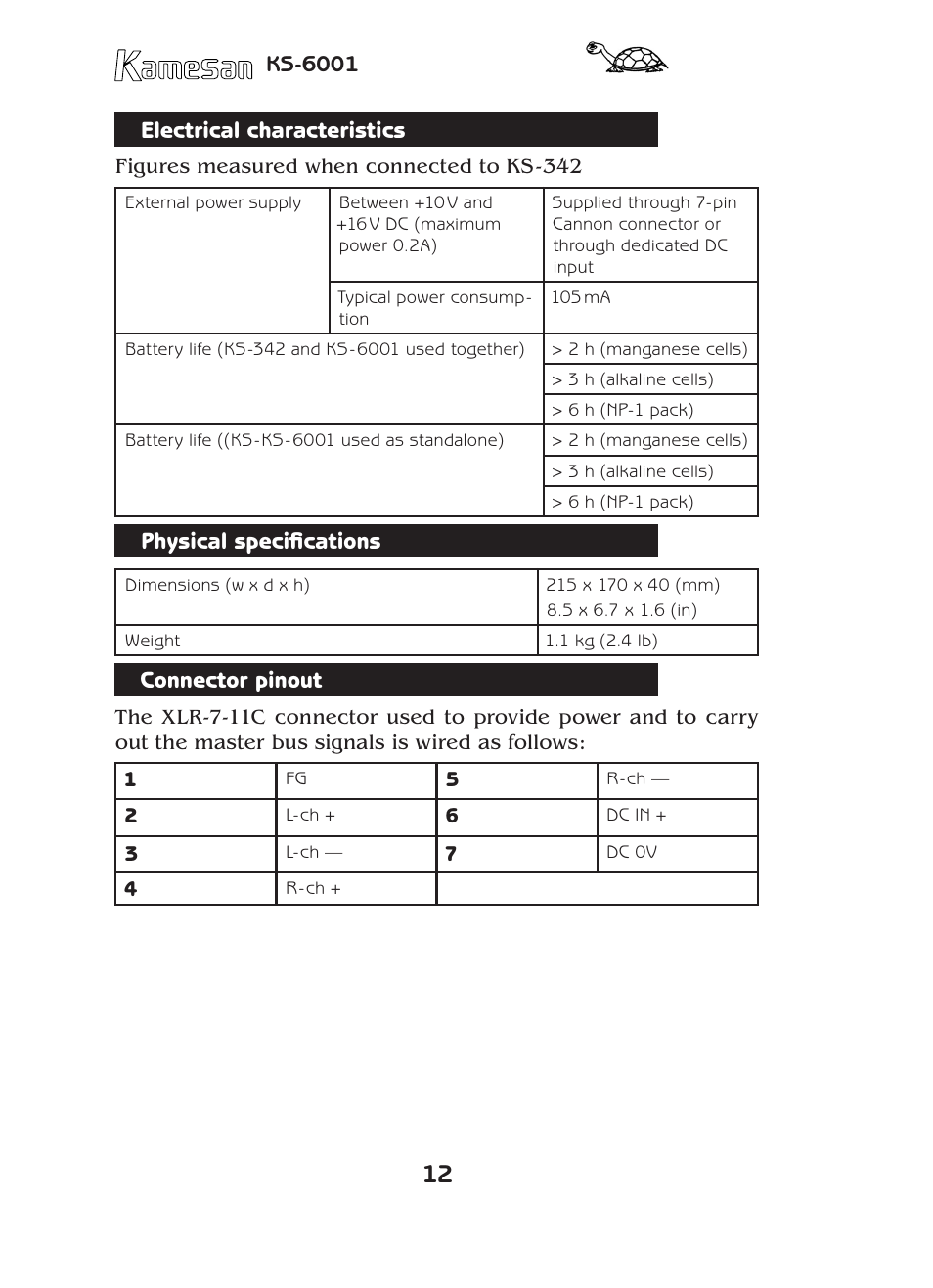 Electrical characteristics, Physical specifications, Connector pinout | Teac KS-6001 User Manual | Page 12 / 16