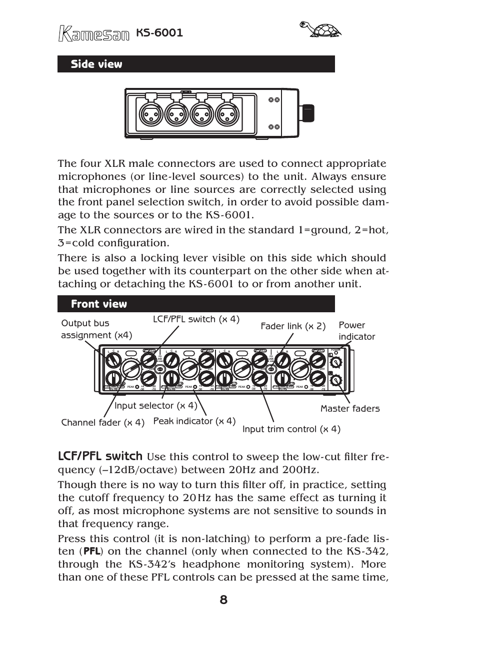 Lcf/pfl switch, Side view, Front view | Ks-6001, Indicator input selector (x 4) | Teac KS-6001 User Manual | Page 8 / 16