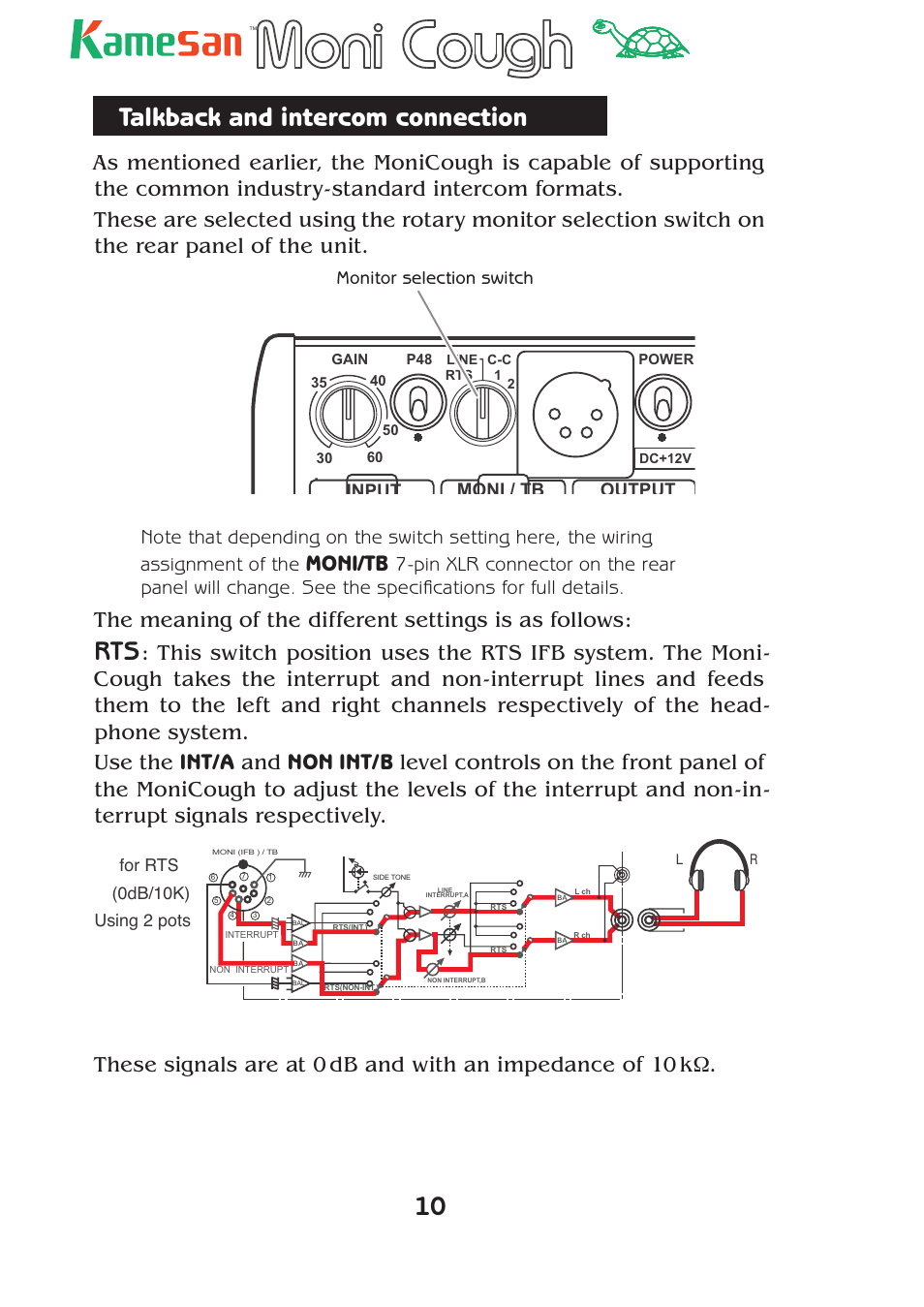 Talkback and intercom connection, Moni/tb, Moni / tb input | Output, Monitor selection switch | Teac KS-4320 User Manual | Page 10 / 24