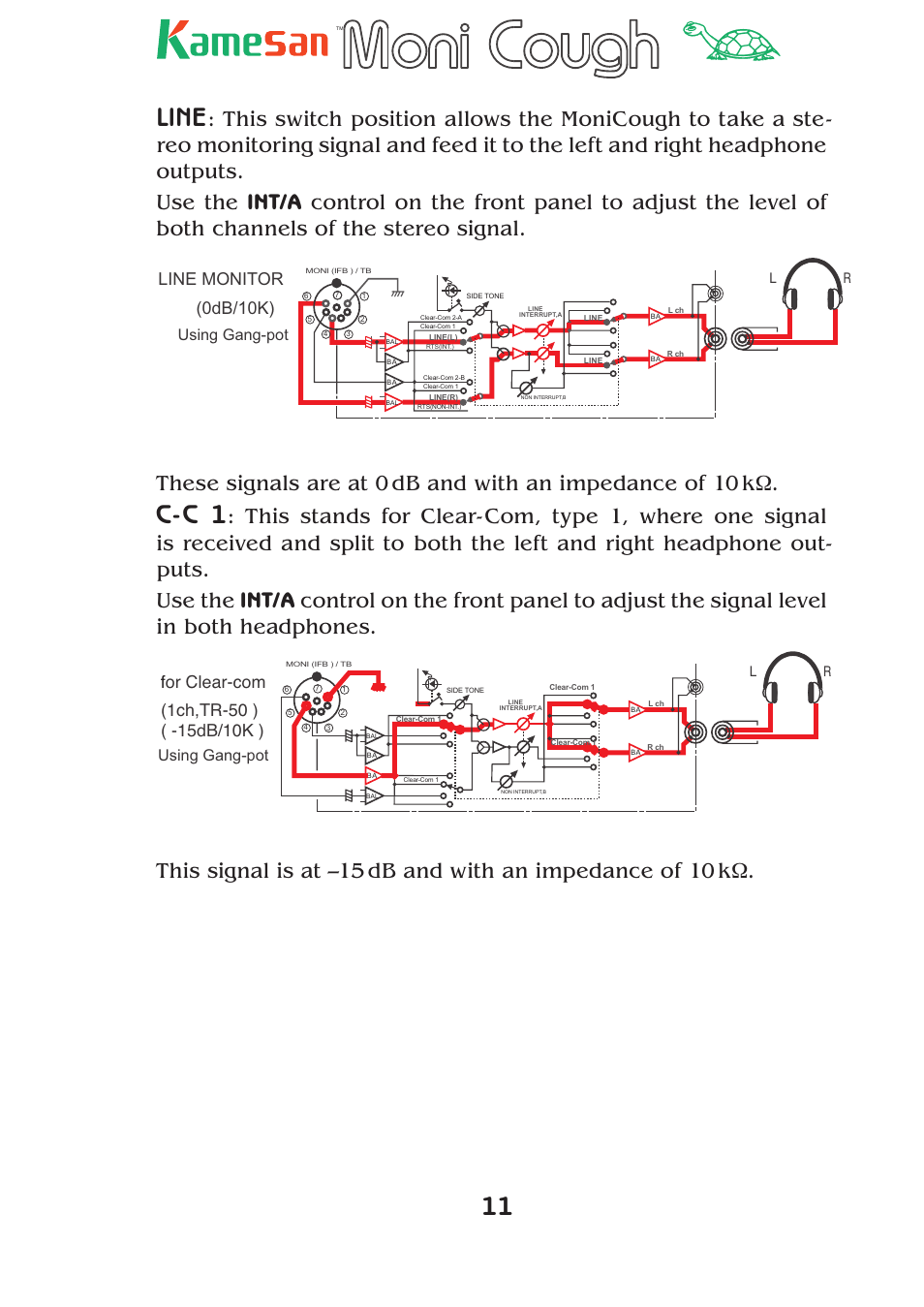 Line, C-c 1, Line monitor | 0db/10k), 1ch,tr-50 ), For clear-com, 15db/10k ), Using gang-pot | Teac KS-4320 User Manual | Page 11 / 24