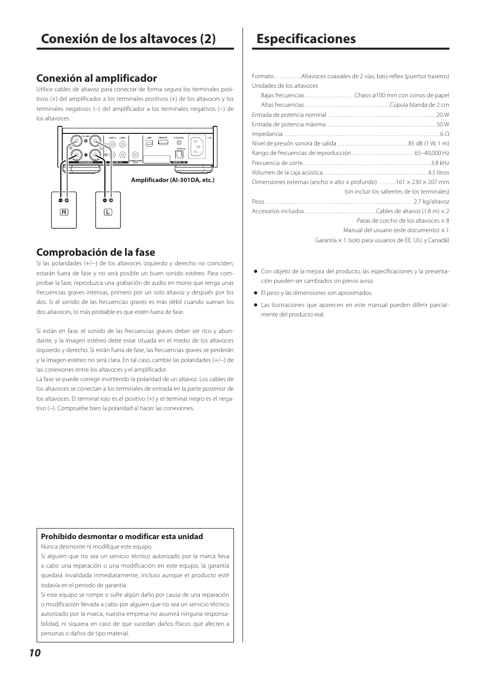 Especificaciones, Conexión de los altavoces (2), Conexión al amplificador | Comprobación de la fase | Teac LS-301 User Manual | Page 10 / 24