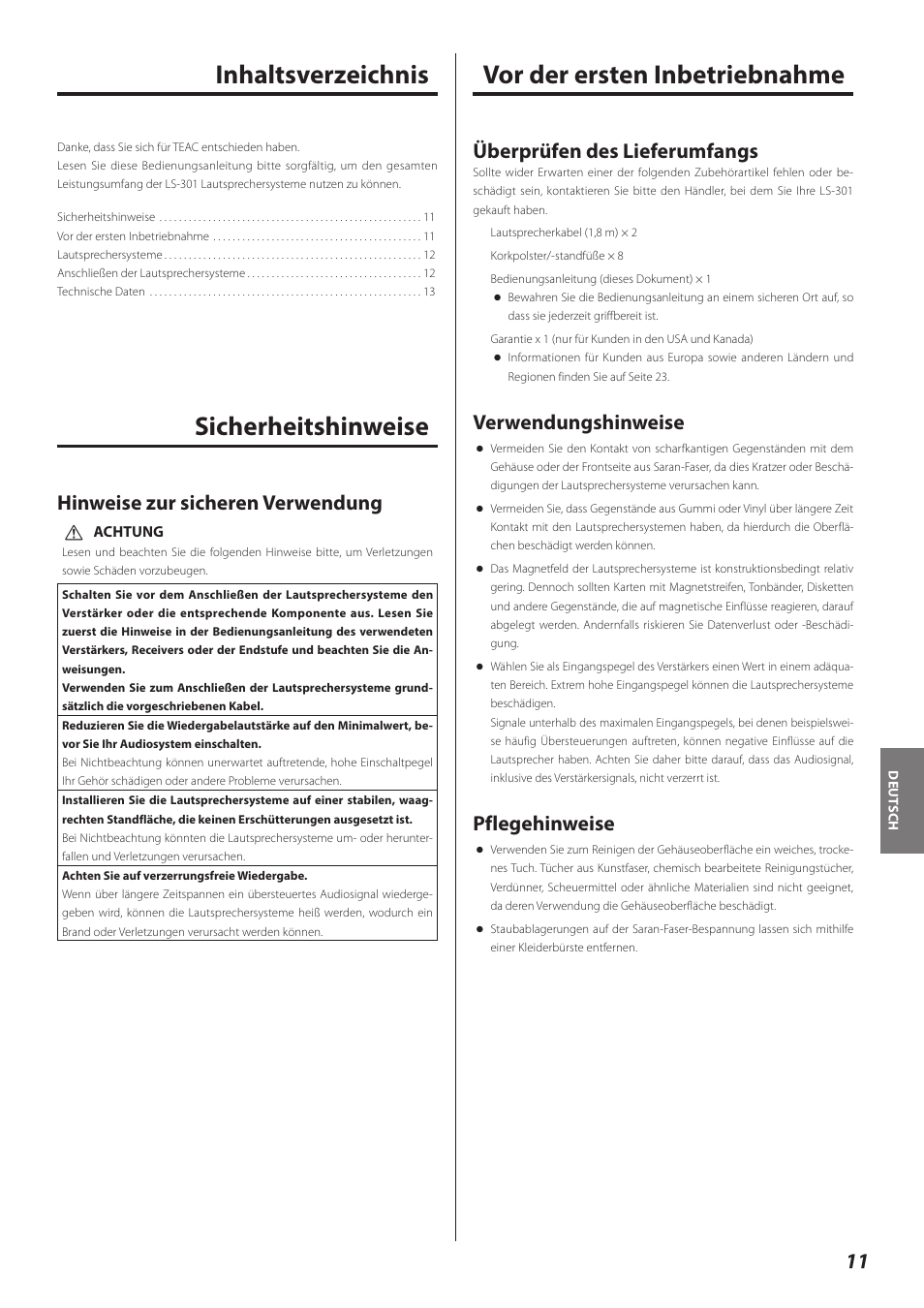 Deutsch, Sicherheitshinweise, Vor der ersten inbetriebnahme | Überprüfen des lieferumfangs, Verwendungshinweise, Pflegehinweise, Hinweise zur sicheren verwendung | Teac LS-301 User Manual | Page 11 / 24