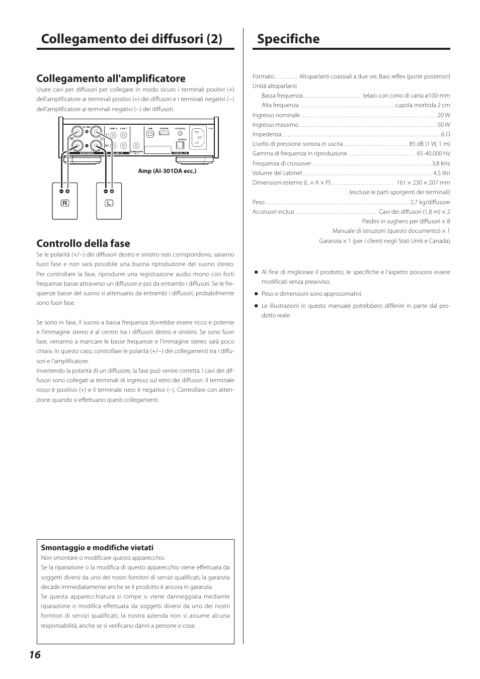 Specifiche, Collegamento dei diffusori (2), Collegamento all'amplificatore | Controllo della fase | Teac LS-301 User Manual | Page 16 / 24