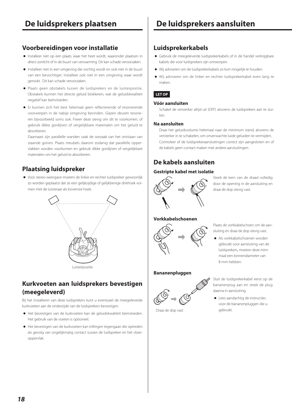 De luidsprekers plaatsen, De luidsprekers aansluiten, Luidsprekerkabels | De kabels aansluiten, Voorbereidingen voor installatie, Plaatsing luidspreker | Teac LS-301 User Manual | Page 18 / 24