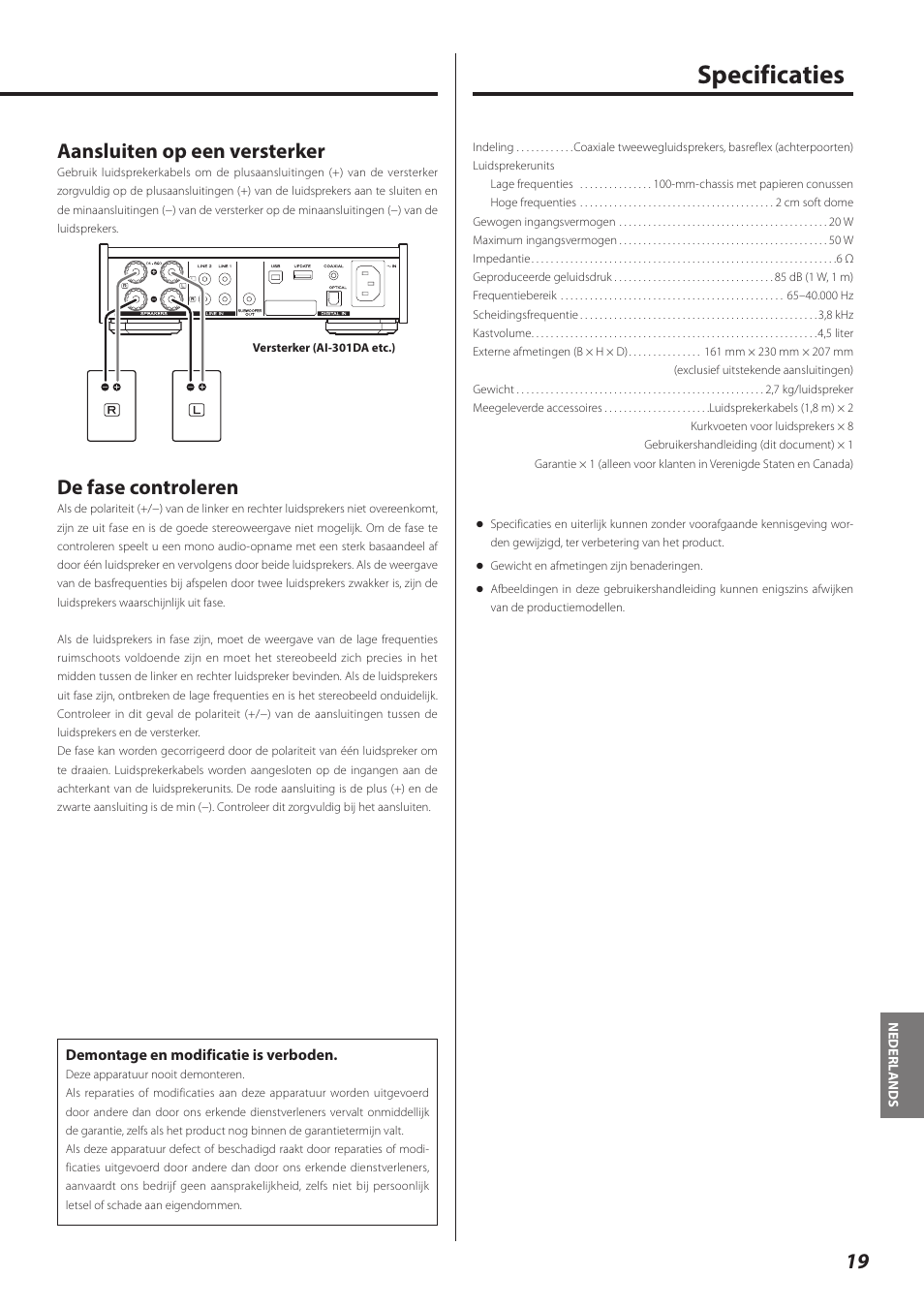 Specificaties, Aansluiten op een versterker, De fase controleren | Teac LS-301 User Manual | Page 19 / 24