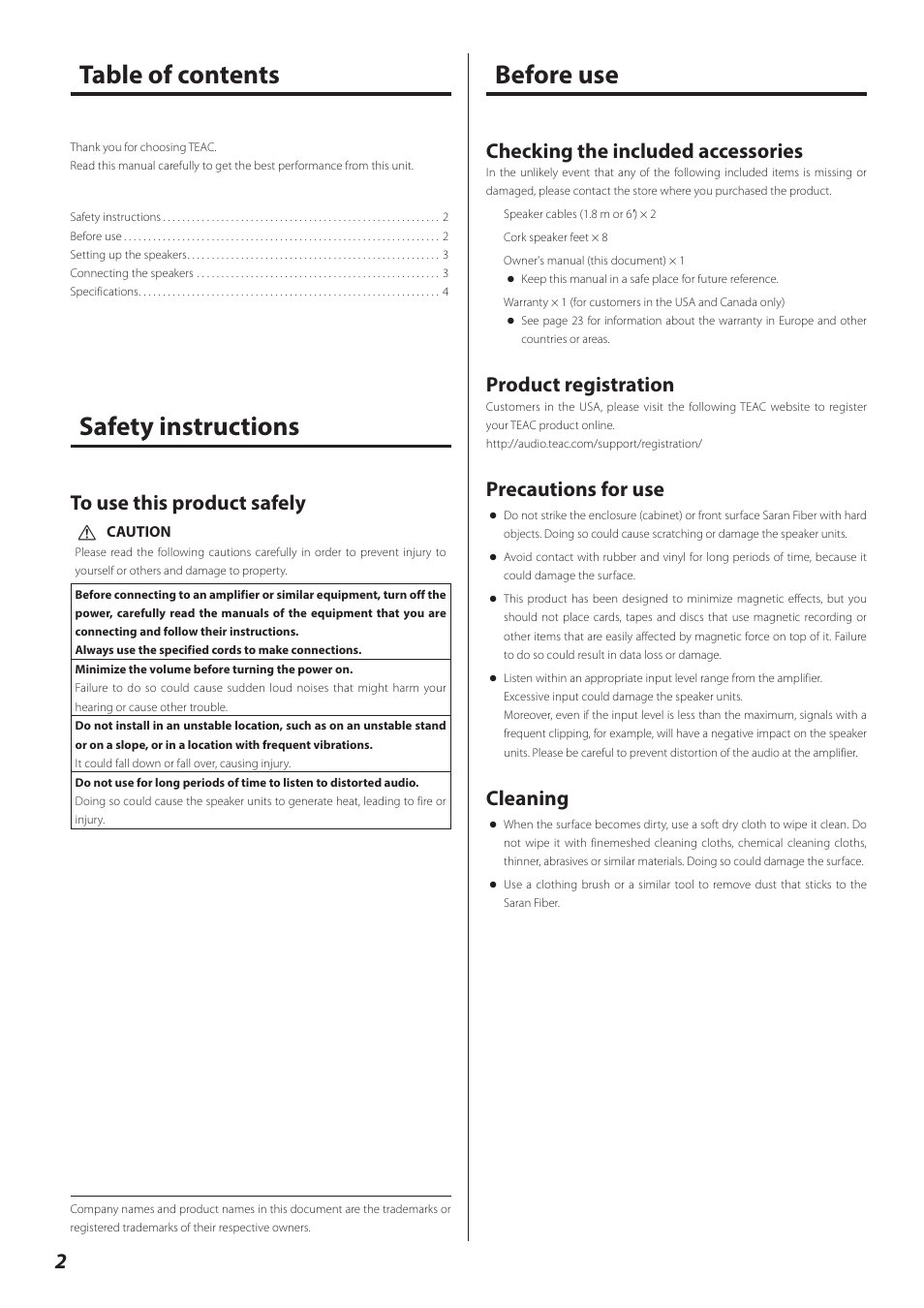 English, Safety instructions, Before use | Before use table of contents safety instructions, Checking the included accessories, Product registration, Precautions for use, Cleaning | Teac LS-301 User Manual | Page 2 / 24