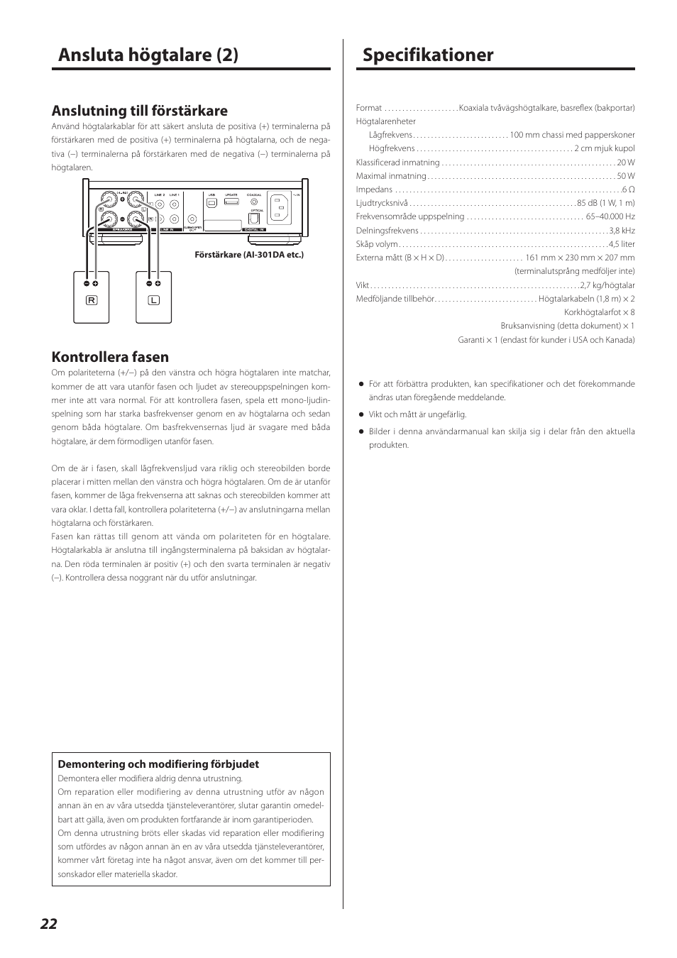 Specifikationer, Specifikationer ansluta högtalare (2), Anslutning till förstärkare | Kontrollera fasen | Teac LS-301 User Manual | Page 22 / 24