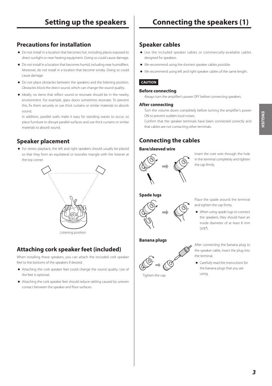 Setting up the speakers, Connecting the speakers, Setting up the speakers connecting the speakers | Connecting the speakers (1), Speaker cables, Connecting the cables, Precautions for installation, Speaker placement, Attaching cork speaker feet (included) | Teac LS-301 User Manual | Page 3 / 24