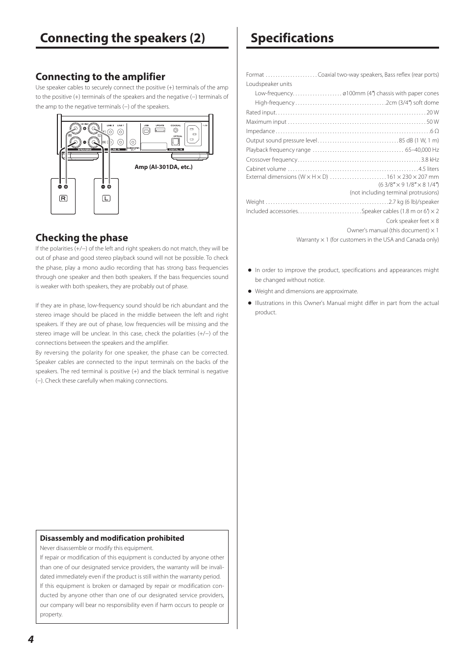 Specifications, Connecting the speakers (2), Connecting to the amplifier | Checking the phase | Teac LS-301 User Manual | Page 4 / 24