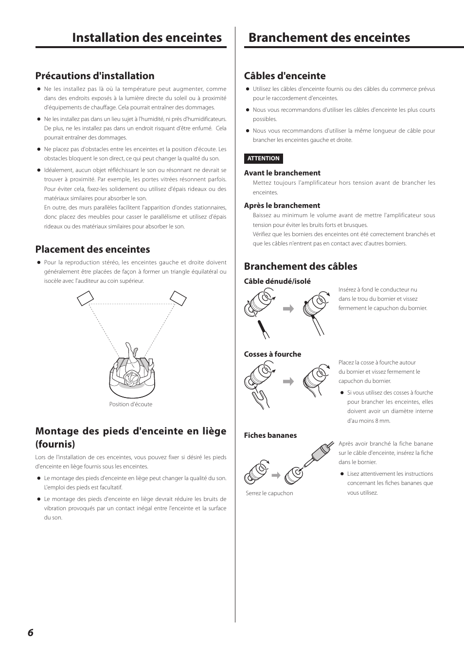 Installation des enceintes, Branchement des enceintes, Câbles d'enceinte | Branchement des câbles, Précautions d'installation, Placement des enceintes, Montage des pieds d'enceinte en liège (fournis) | Teac LS-301 User Manual | Page 6 / 24