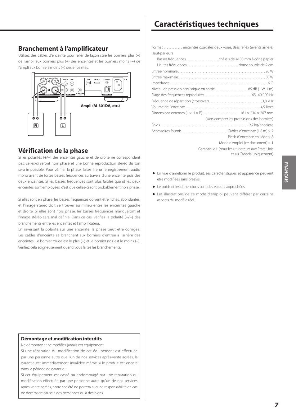 Caractéristiques techniques, Branchement à l'amplificateur, Vérification de la phase | Teac LS-301 User Manual | Page 7 / 24