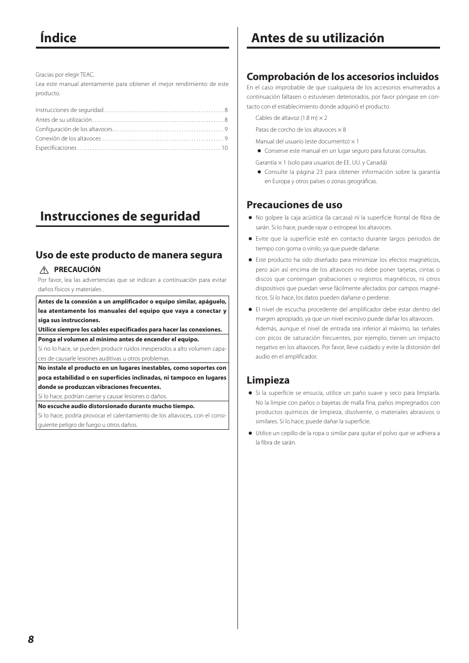 Español, Instrucciones de seguridad, Antes de su utilización | Comprobación de los accesorios incluidos, Precauciones de uso, Limpieza, Uso de este producto de manera segura | Teac LS-301 User Manual | Page 8 / 24