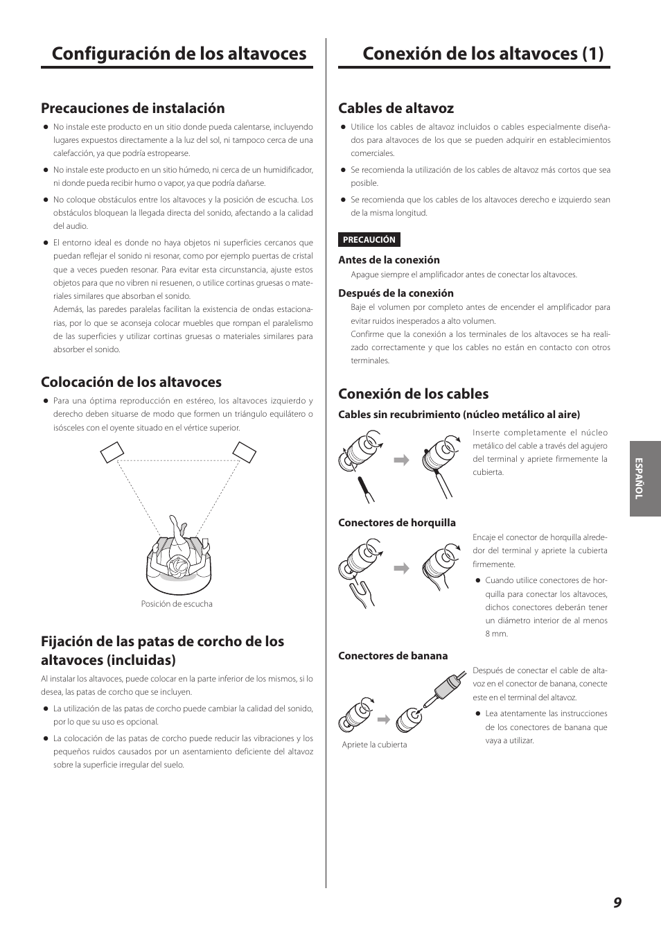 Configuración de los altavoces, Conexión de los altavoces, Conexión de los altavoces (1) | Cables de altavoz, Conexión de los cables, Precauciones de instalación, Colocación de los altavoces | Teac LS-301 User Manual | Page 9 / 24