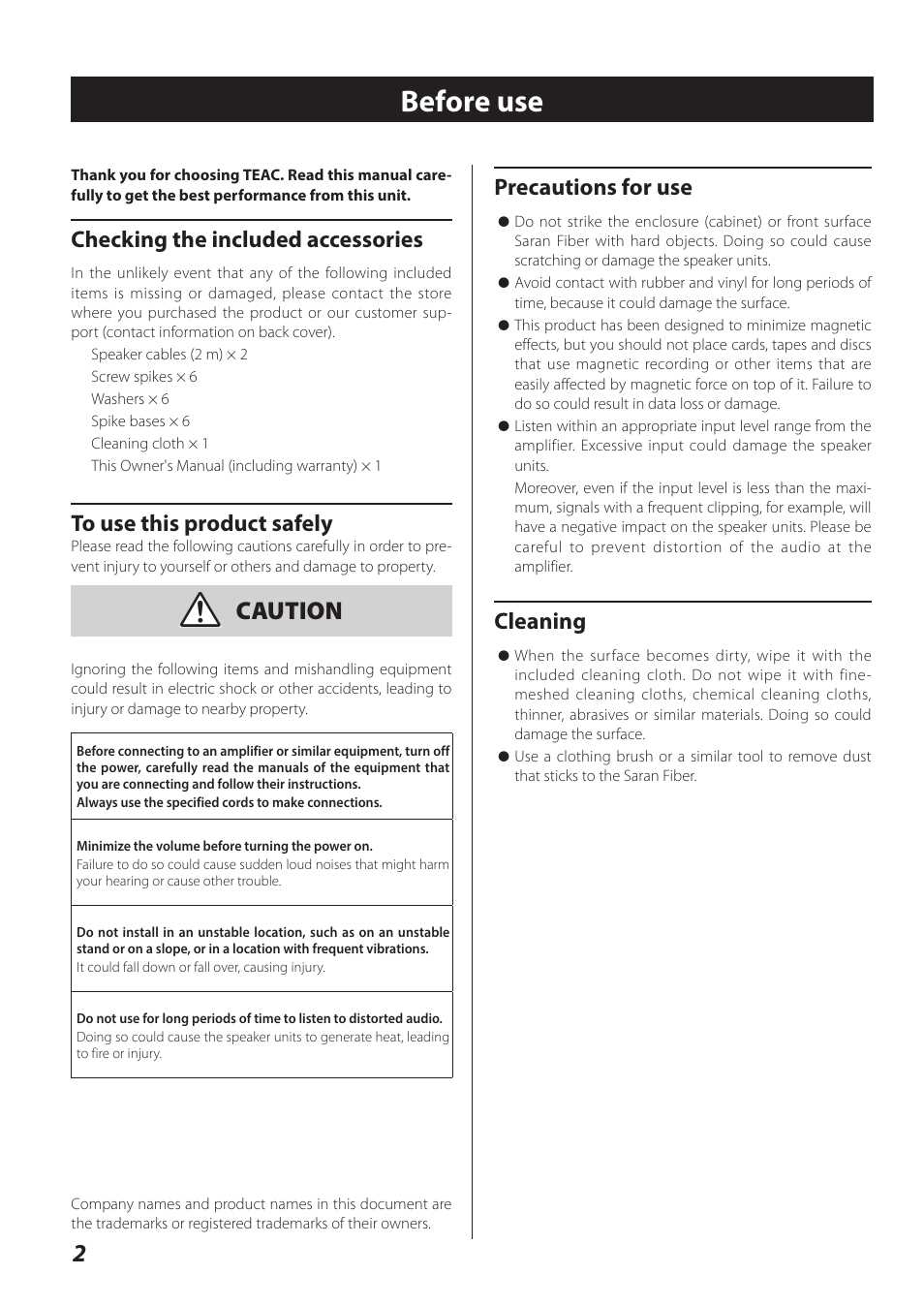 Before use, Caution, Precautions for use | Cleaning, Checking the included accessories | Teac S-300NEO User Manual | Page 2 / 8