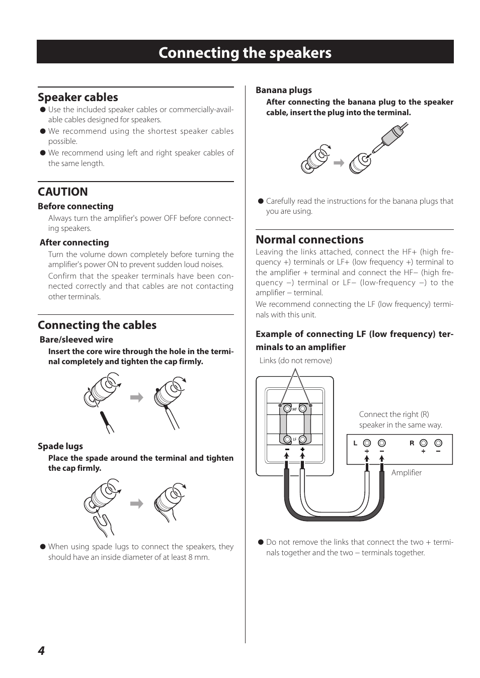 Connecting the speakers, Speaker cables, Caution | Connecting the cables, Normal connections | Teac S-300NEO User Manual | Page 4 / 8