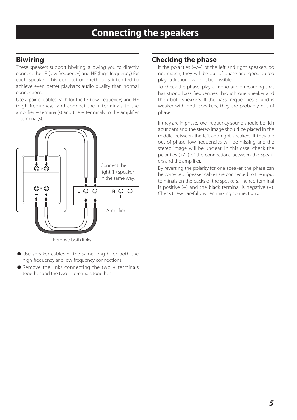 Connecting the speakers, Biwiring, Checking the phase | Teac S-300NEO User Manual | Page 5 / 8