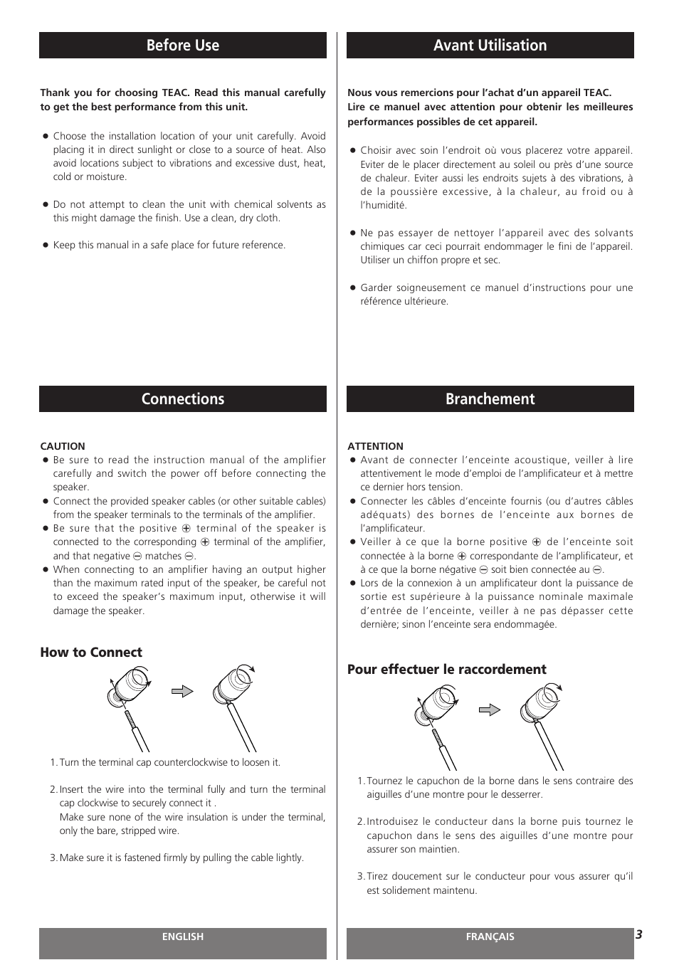 Before use, Connections, Avant utilisation | Branchement, How to connect, Pour effectuer le raccordement | Teac LS-H255 User Manual | Page 3 / 8