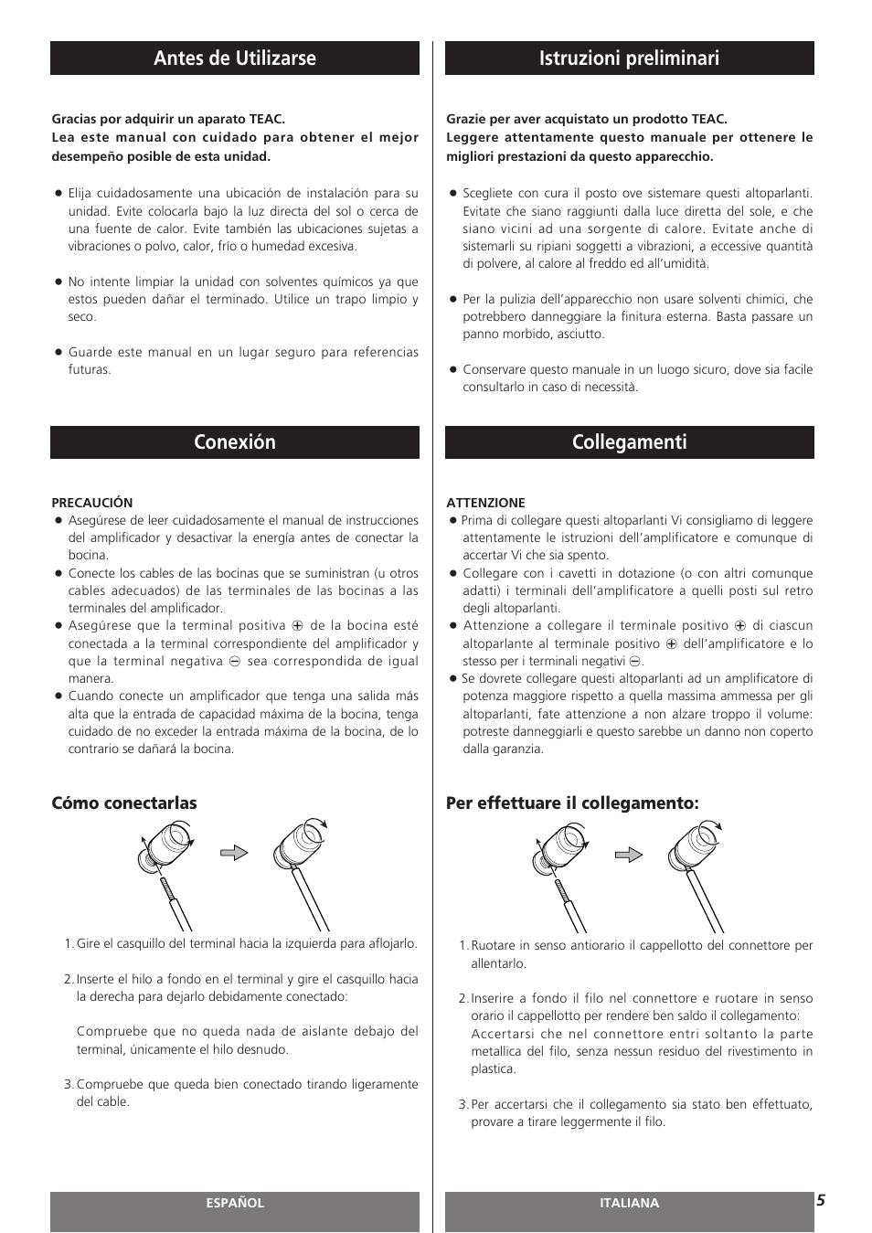 Antes de utilizarse, Conexión, Istruzioni preliminari | Collegamenti, Cómo conectarlas, Per effettuare il collegamento | Teac LS-H255 User Manual | Page 5 / 8