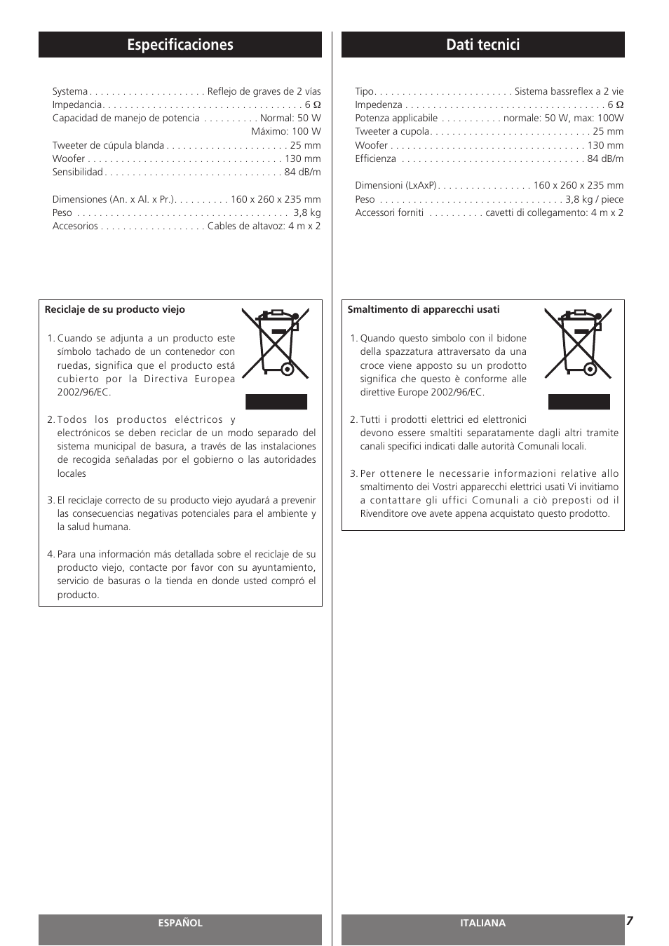 Especificaciones, Dati tecnici | Teac LS-H255 User Manual | Page 7 / 8