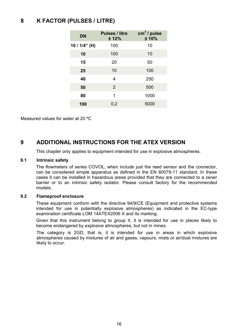 K factor (pulses/litre), Additional instructions for the atex version, 1 instrinsic safety | 2 flameproof enclosure, 9 additional instructions for the atex version, 8k factor (pulses / litre) | Tecfluid COVOL Series User Manual | Page 16 / 24