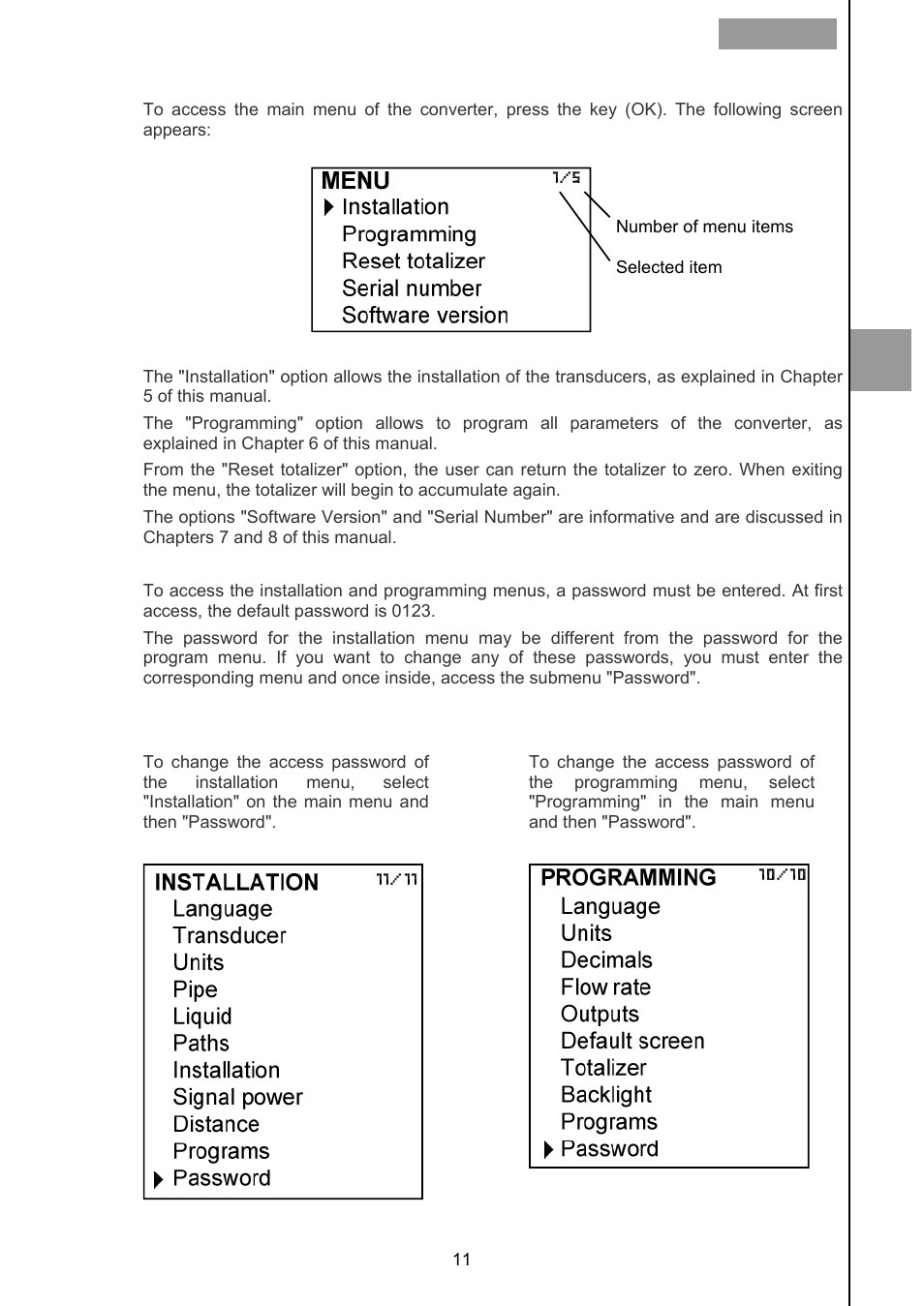 Main menu, 1 passwords to access the menus | Tecfluid CU Series User Manual | Page 11 / 48