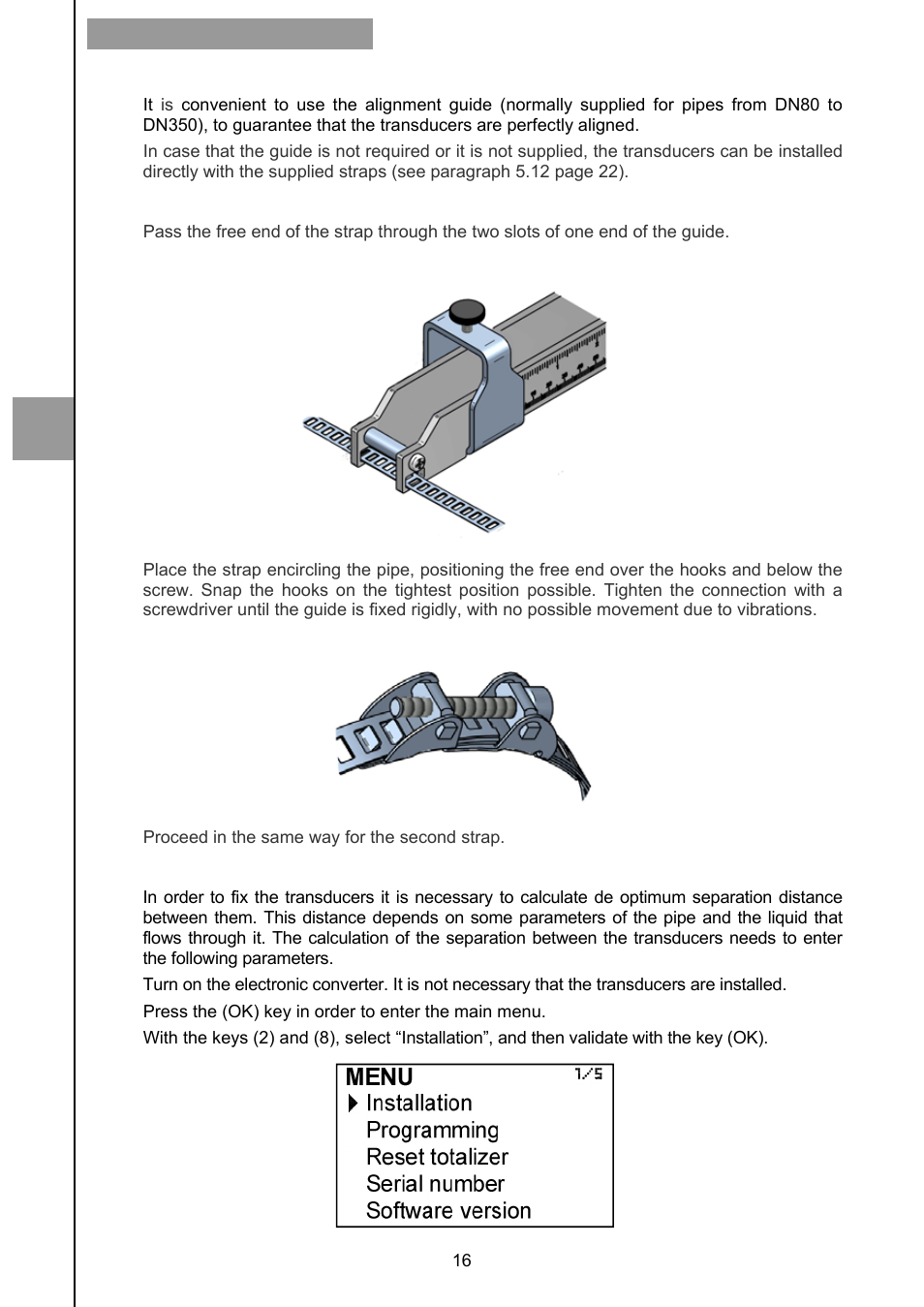 2 installation with the alignment guide, 1 straps preparation, 3 fastening of the tranducers | Tecfluid CU Series User Manual | Page 16 / 48