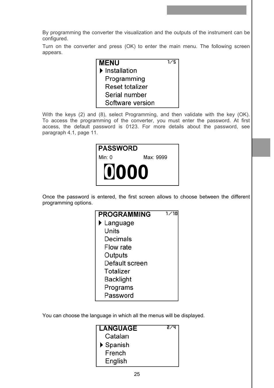 Converter programming, 1 language | Tecfluid CU Series User Manual | Page 25 / 48