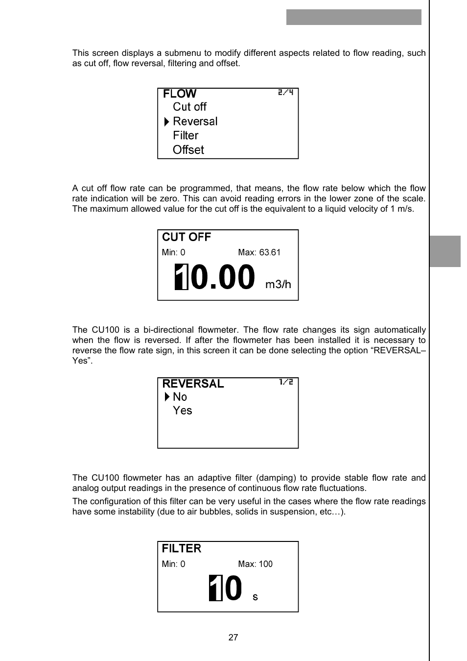 4 flow rate, 1 cut off, 2 reversed flow rate | 3 damping | Tecfluid CU Series User Manual | Page 27 / 48