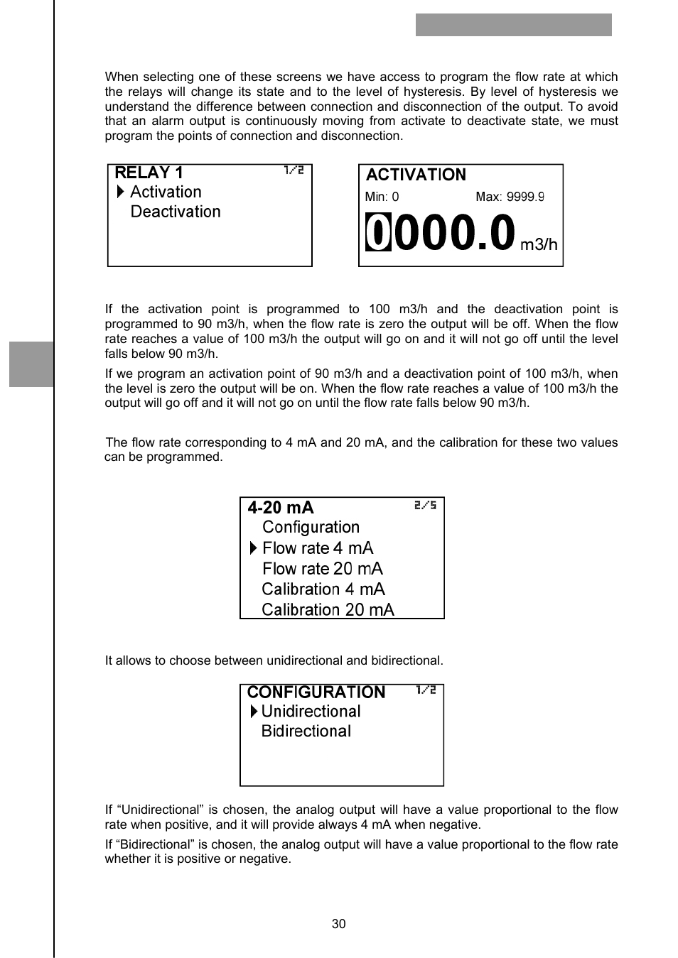 1 relay 1 and relay 2, 2 analog output, 3 configuration of the 4-20 ma output | Tecfluid CU Series User Manual | Page 30 / 48