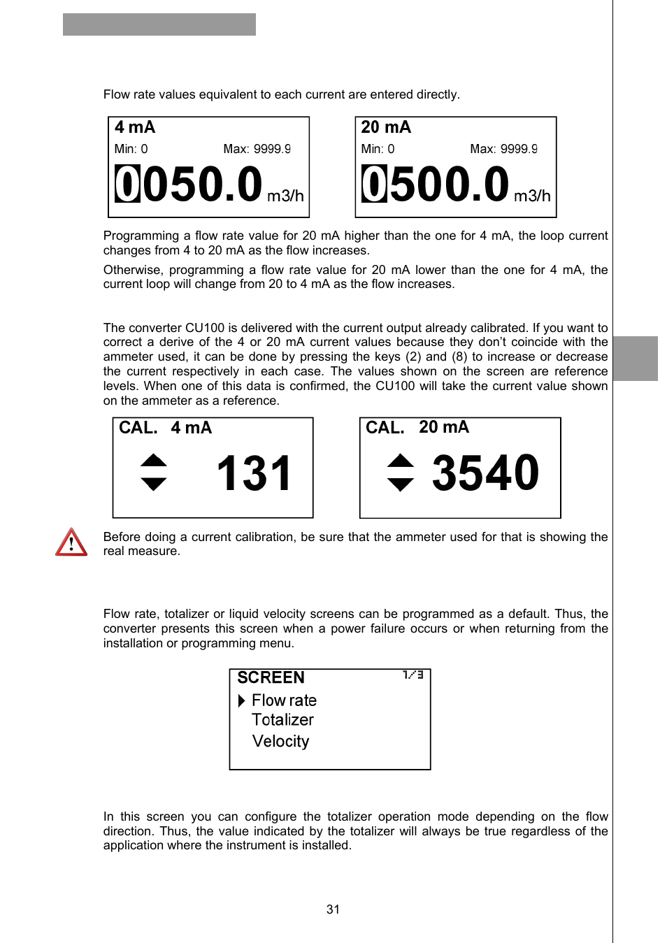 4 programming of the 4-20 ma output, 5 current calibration of 4 and 20 ma, 6 default screen | 7 totalizer | Tecfluid CU Series User Manual | Page 31 / 48