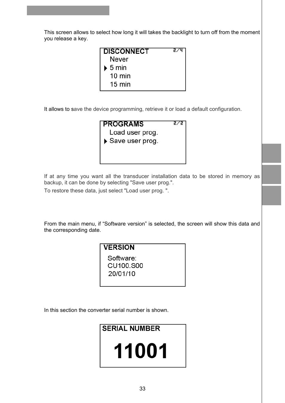 8 backlight, 9 programs, Software version | Serial number | Tecfluid CU Series User Manual | Page 33 / 48