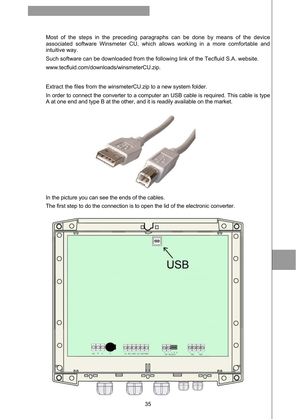 Associated software winsmeter cu, 1 usb cable connection and drivers intallation | Tecfluid CU Series User Manual | Page 35 / 48