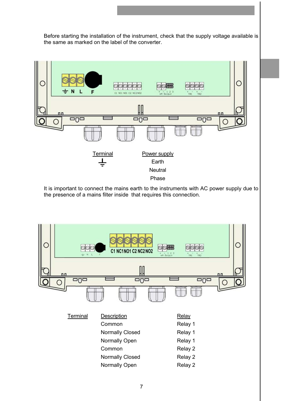 1 power supply wiring, 2 relay output wiring | Tecfluid CU Series User Manual | Page 7 / 48