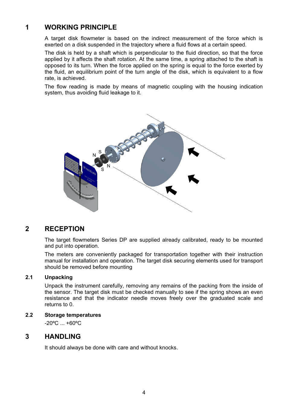 Working principle, Reception, 1 unpacking | 2 storage temperatures, Handling | Tecfluid DP Series User Manual | Page 4 / 12