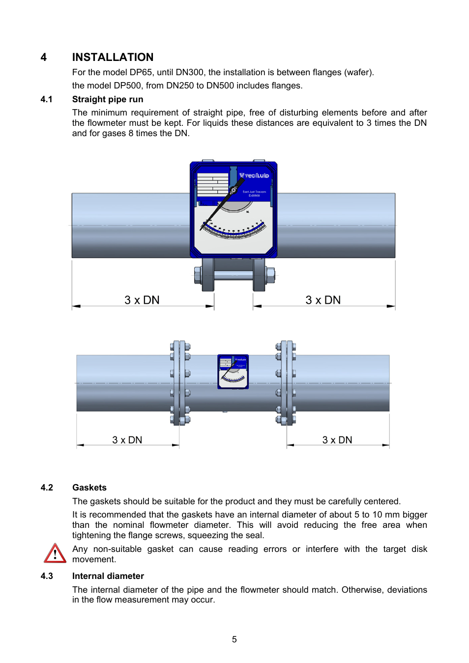 Installation, 1 straight pipe run, 2 gaskets | 3 internal diameter, 4 installation | Tecfluid DP Series User Manual | Page 5 / 12