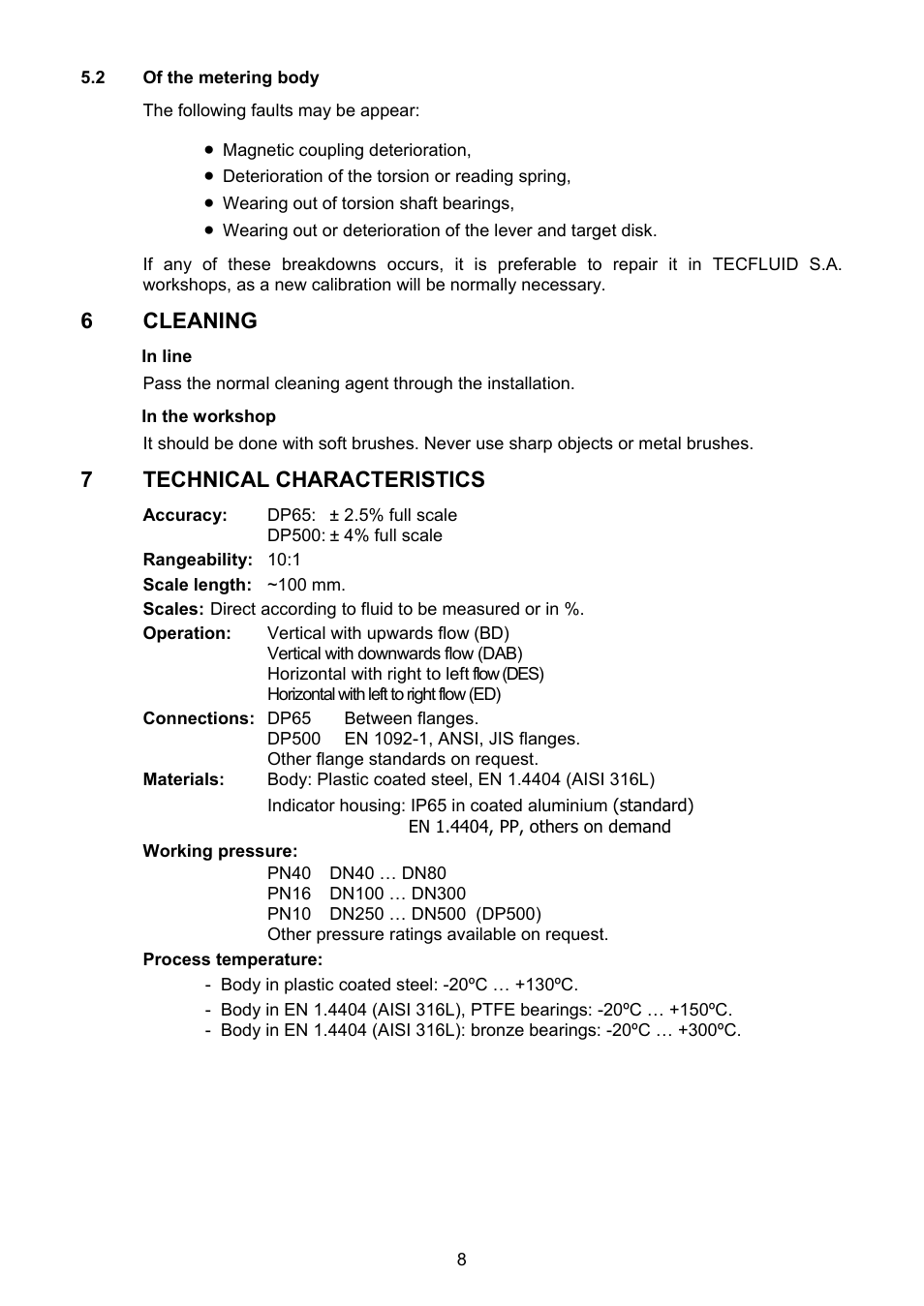 2 of the metering body, Cleaning, Technical characteristics | 6 cleaning, 7 technical characteristics | Tecfluid DP Series User Manual | Page 8 / 12