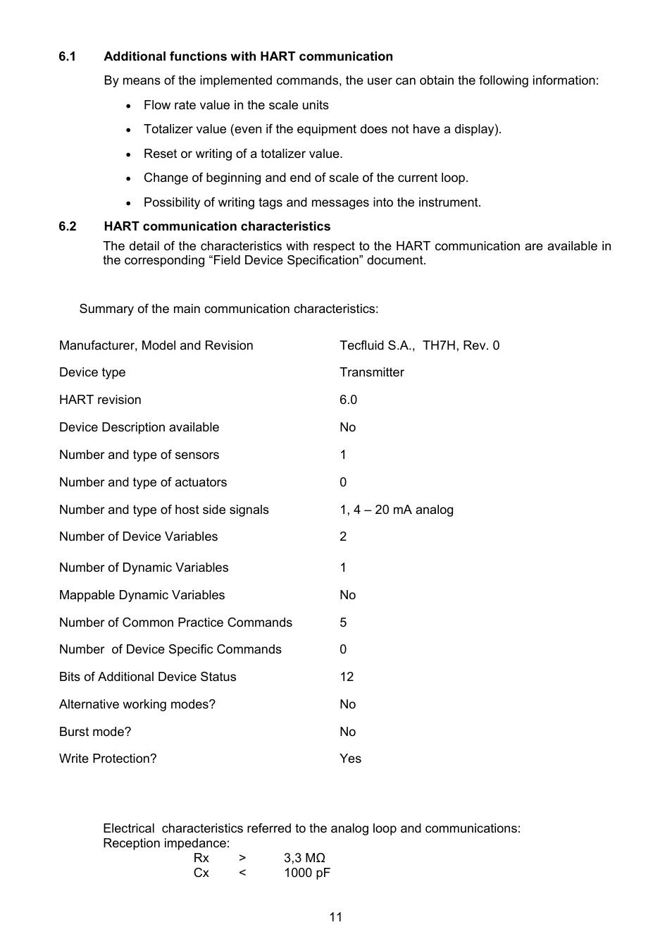 1 additional functions with hart communication, 2 hart communication characteristics | Tecfluid TH7 User Manual | Page 11 / 20