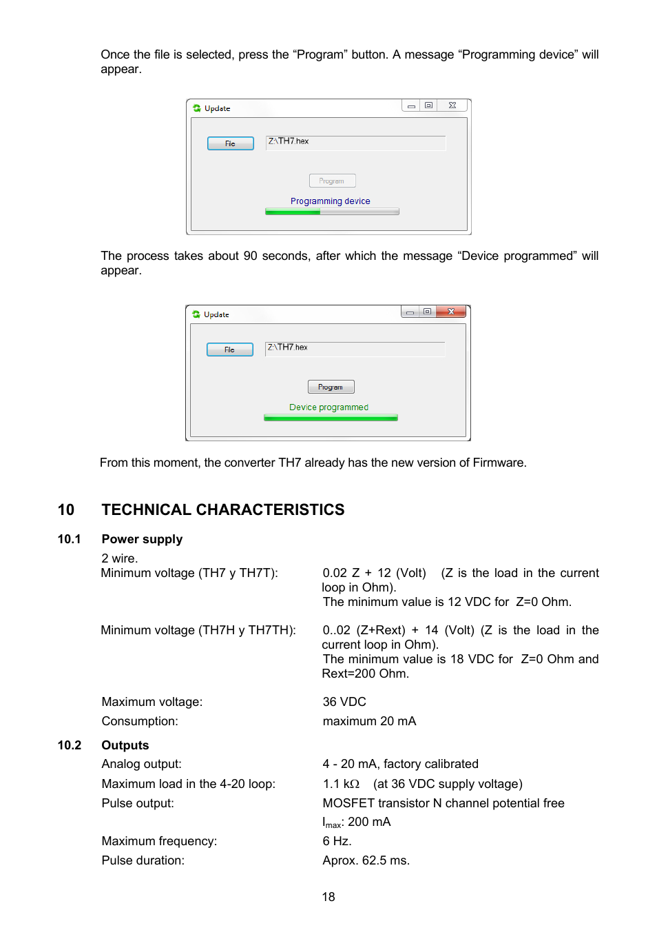 Technical characteristics, 1 power supply, 2 outputs | 10 technical characteristics | Tecfluid TH7 User Manual | Page 18 / 20