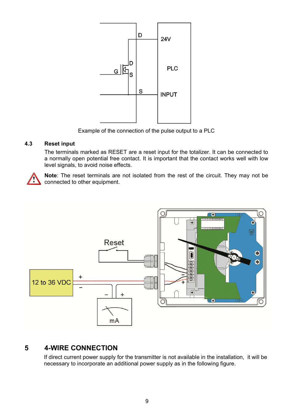 3 reset input, 4-wire connection, 5 4-wire connection | Tecfluid TH7 User Manual | Page 9 / 20