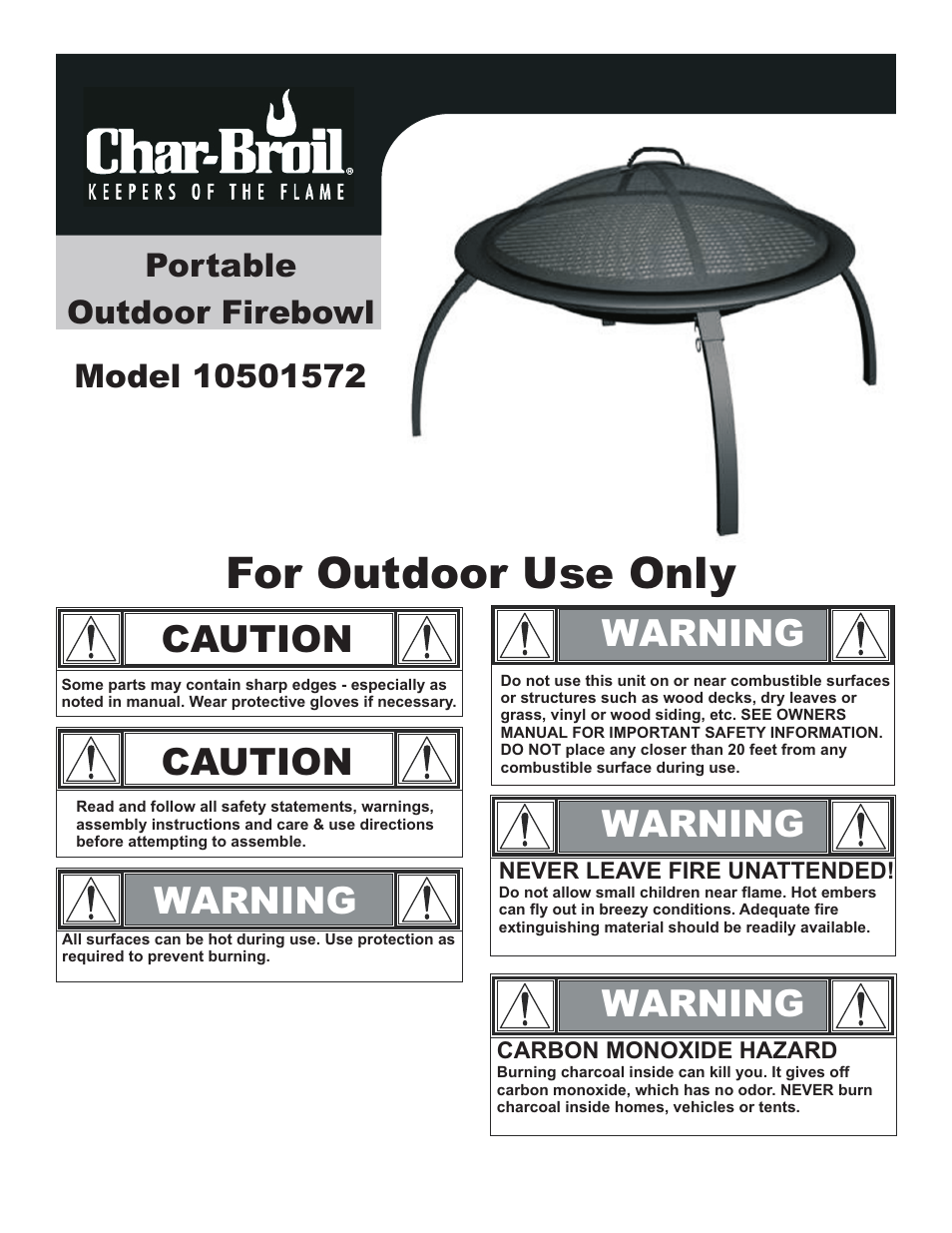 Char-Broil PORTABLE OUTDOOR FIREBOWL 10501572 User Manual | 8 pages