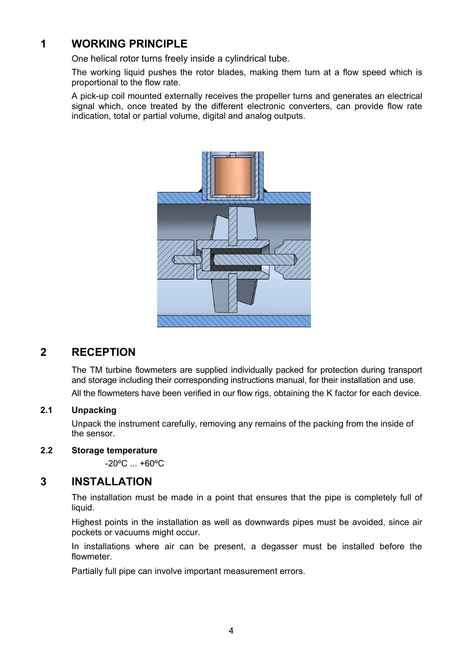 Working principle, Reception, 1 unpacking | 2 storage temperature, Installation | Tecfluid TM Series User Manual | Page 4 / 20