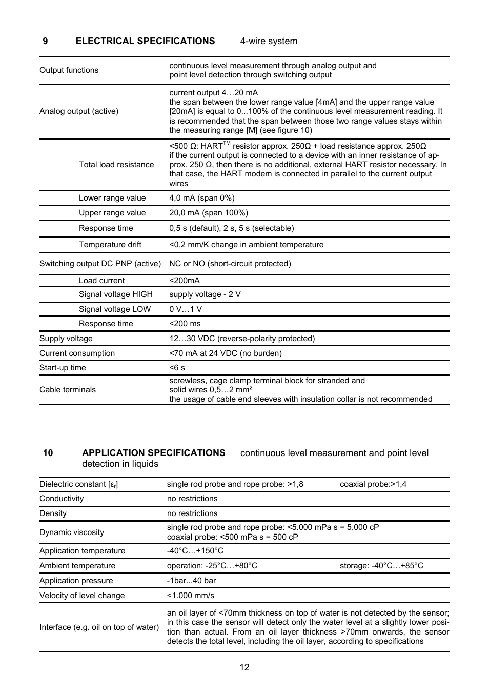 Electrical specifications, Application specifications | Tecfluid LTDR Series User Manual | Page 12 / 16