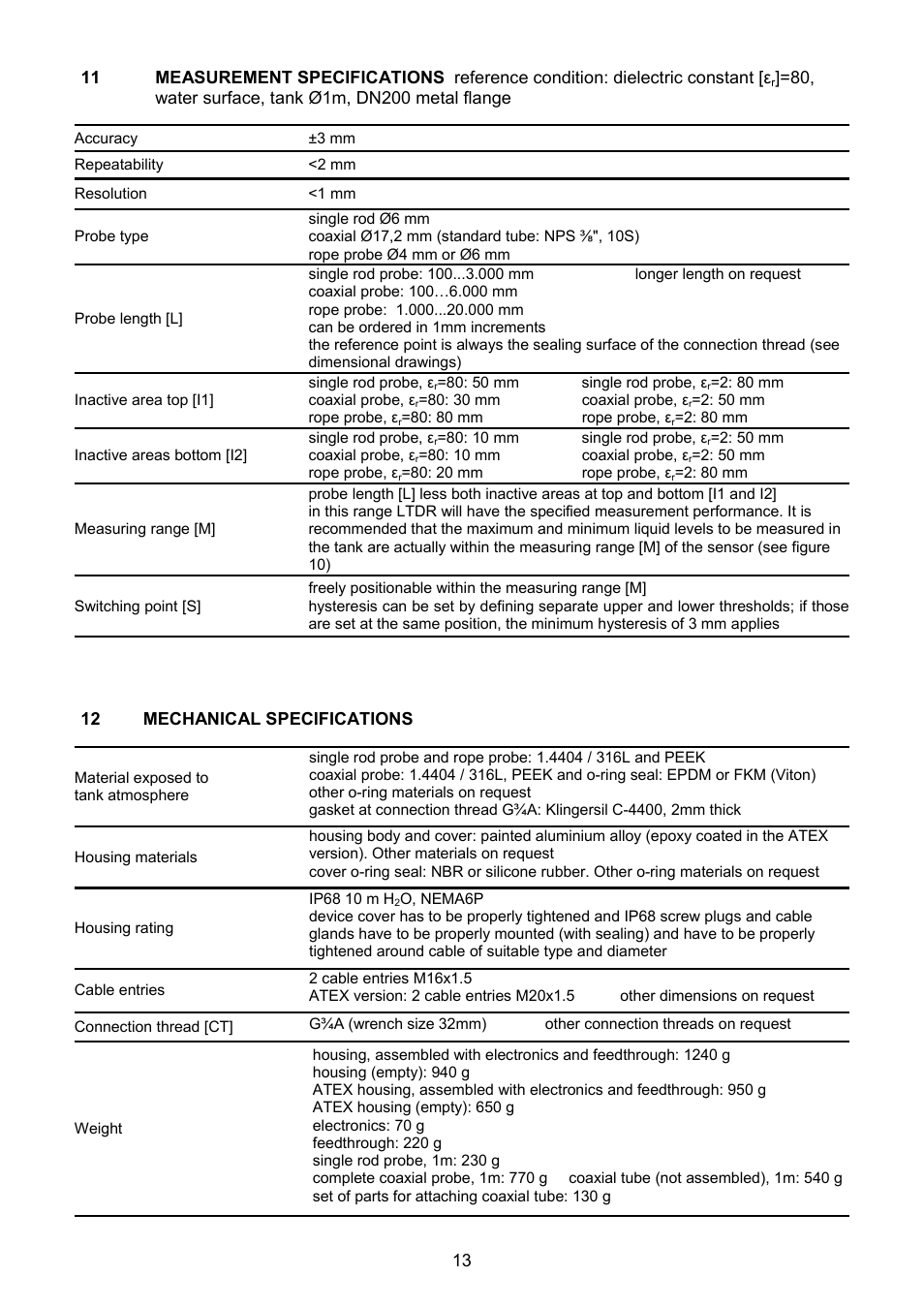 Measurement specifications, Mechanical specifications | Tecfluid LTDR Series User Manual | Page 13 / 16