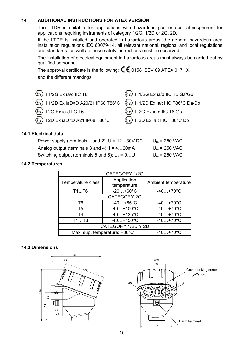 Additional instructions for atex version, 1 electrical data, 2 temperatures | 3 dimensions | Tecfluid LTDR Series User Manual | Page 15 / 16