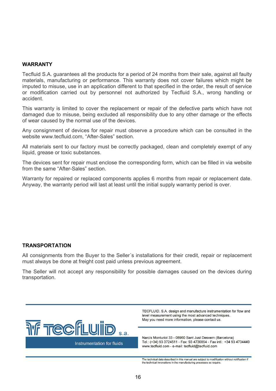 Tecfluid LTDR Series User Manual | Page 16 / 16