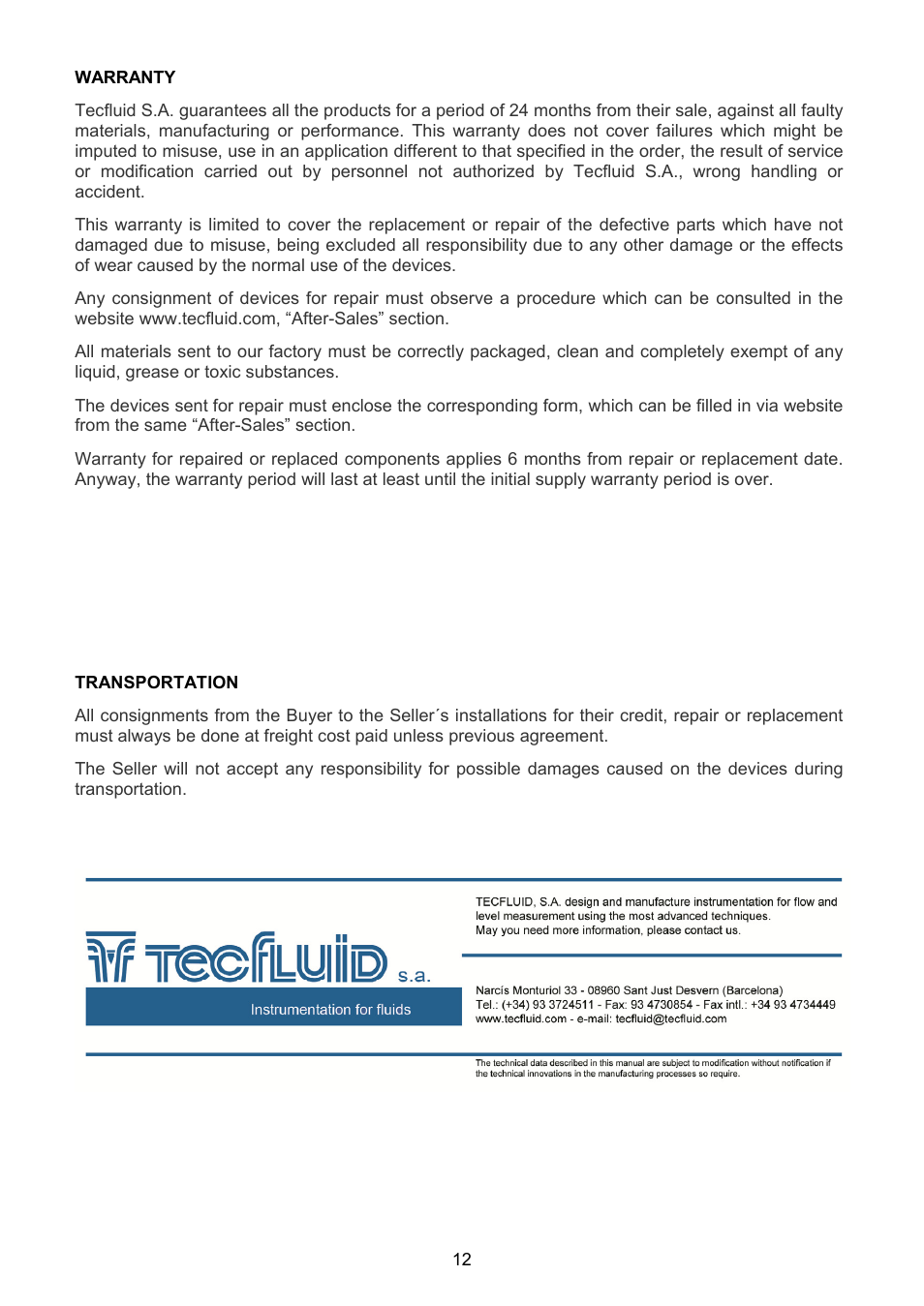 Tecfluid TH6 For AD Series User Manual | Page 12 / 12