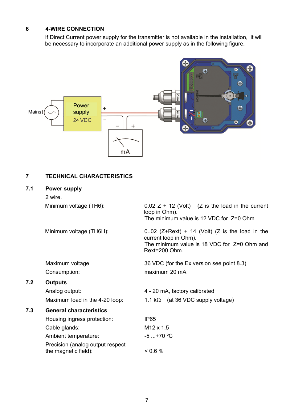4-wire connection, Technical characteristics, 1 power supply | 2 outputs, 3 general characteristics | Tecfluid TH6 For AD Series User Manual | Page 7 / 12