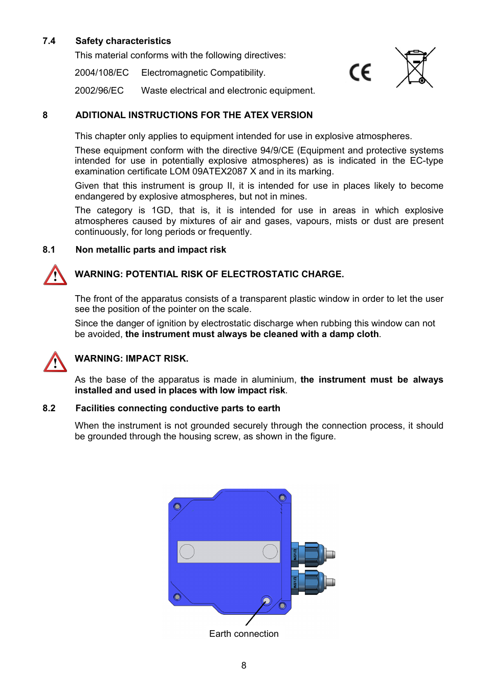 4 safety characteristics, Additional instructions for the atex version, 1 non metallic parts and impact risk | 2 facilities connecting conductive parts to earth | Tecfluid TH6 For AD Series User Manual | Page 8 / 12