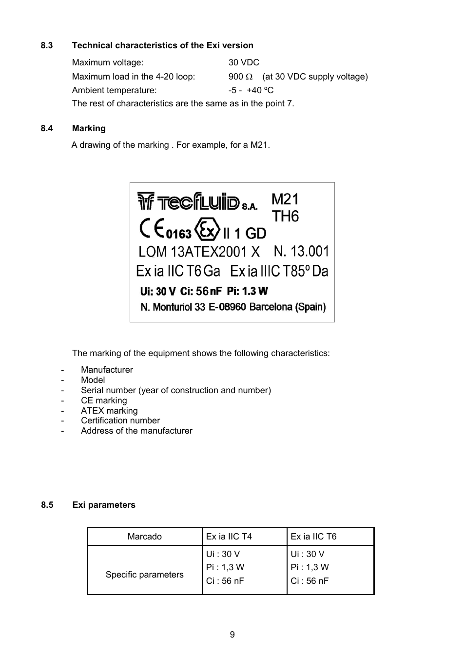 3 technical characteristics of the exi version, 4 marking, 5 exi parameters | Tecfluid TH6 For AD Series User Manual | Page 9 / 12